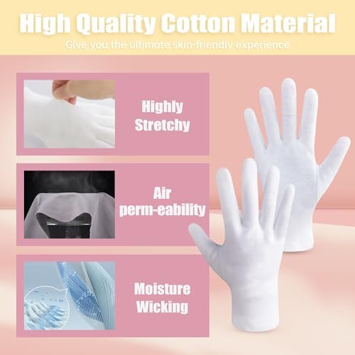 12 Pairs Premium 100% Cotton Gloves, Dry Hands & Eczema, Overnight Lotion & Spa Treatment for Women & Men, Reusable | White Floral Dots