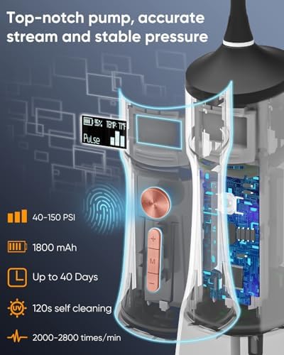 MySmile LP221 UVC Sterilizable Cordless Water Flossers for Teeth 335ML Portable OLED Display Dental Flosser with 4 Modes 8 Jet Tips and a Storage Pouch for Home and Travel (Midnight Black)