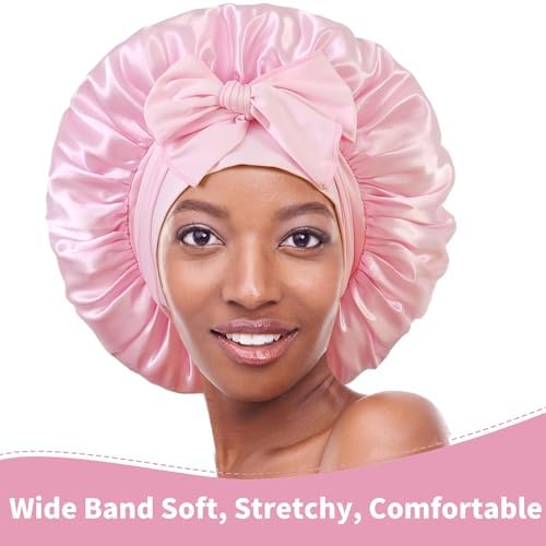 2Pack Bonnet with Tie Band, Satin Silk Bonnet for Sleeping, Sleep Bonnets for Women, Large Sleep Cap for Braids Curly Hair