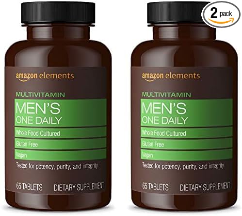 Amazon Elements Men’s One Daily Multivitamin, 62% Whole Food Cultured, Vegan, 65 Tablets, 2 Month Supply (Packaging May Vary) (Pack of 2)