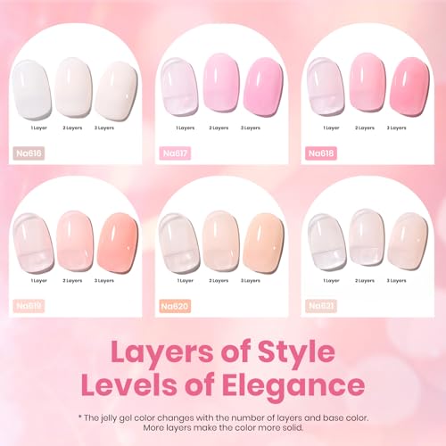 Beetles Nude Pink Gel Nail Polish Set, 6 Colors Hema Free Light Pink Jelly Gel Polish Translucent 15ML Full Size Nail Concealer High Gloss Soak Off UV Salon Spring Colorful Bottle Gel Gift for Women