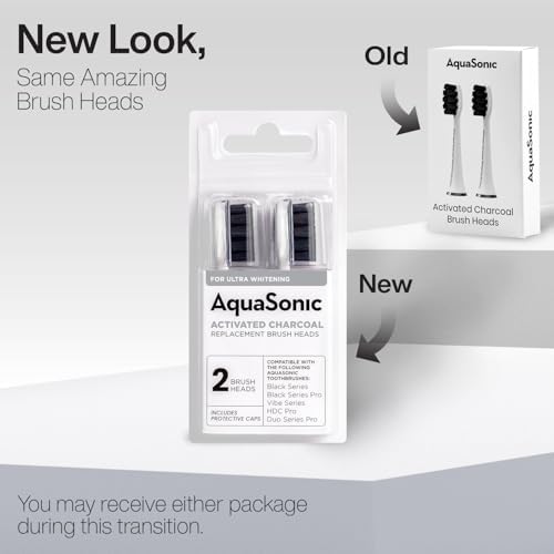 AquaSonic 2-Pack Activated Charcoal Brush Heads - Ultra Whitening Brush Heads - 2X Whitening & Stain Remover - for Black Series, Black Series Pro, Vibe Series, Duo Pro Series (White)