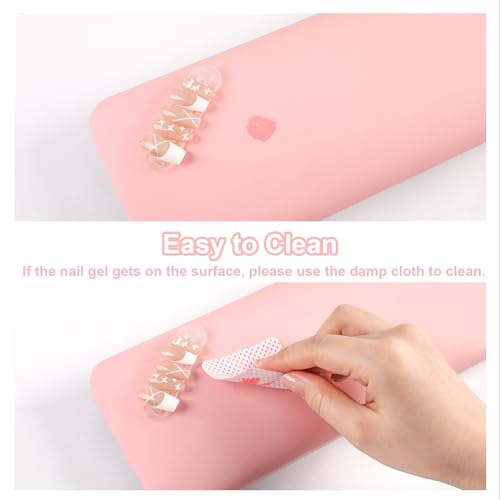 ANGNYA Nail Arm Rest for Nails Tech, Foldable Hand Stand for Nail Tech with PVC Table Mat Microfiber Leather Nail Arm Rest with Bracket Manicure Arm Rest for Nail Salon Technician (Pink)