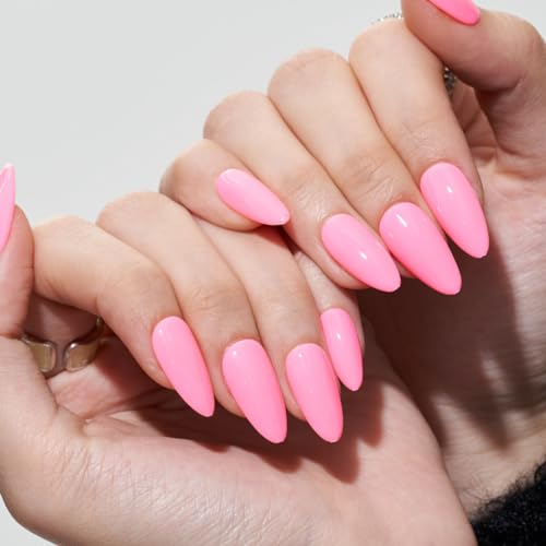 GLAMERMAID Press on Nails Medium Almond, Spring Summer Handmade Hot Pink Gel Glue on Nail, 24Pcs Glossy Short Stiletto Reusable UV Finish Fake Nails Acrylic False Nails Manicure Kits for Women
