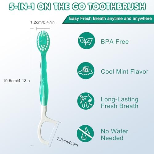 5 in 1 Disposable Mini Toothbrushes on The go Toothbrush Portable Travel Toothbrush（Toothpaste + Tongue Scraper + Floss + Picks Individually Wrapped Prepasted Oral Care Mint 24 Packs
