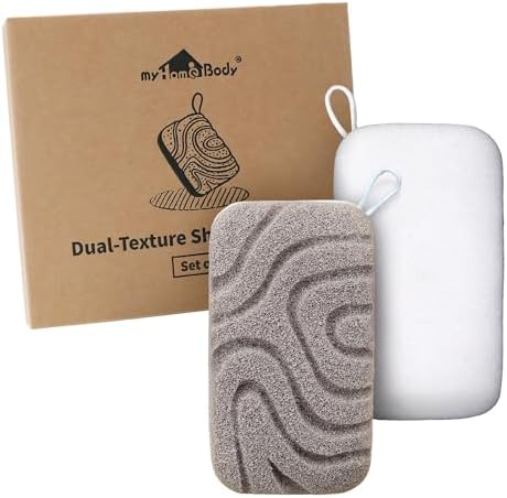 myHomeBody Dual-Texture Shower Sponge, Beauty Body Scrubber Exfoliator for Women, Exfoliating Loofah for Men, 2pc
