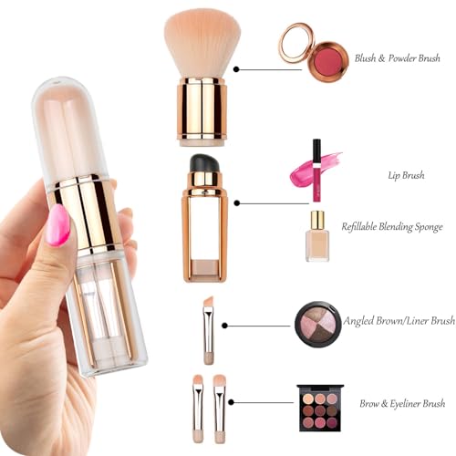 Bling Toman Mini 4 in 1 Makeup Brushes Set,Makeup Sponge,Blush Blending,Eyeshadow,Eyebrow&Liner Lip Face Foundation All-in-One Brushes Travel Makeup Brushes Brochas De Maquillaje (Silicone Rose Gold)