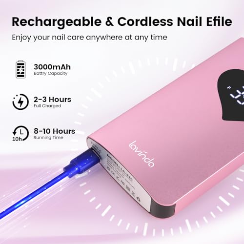 Lavinda Professional Nail Drill 35000 RPM – Cordless Electric Nail File Kit with Heart Display, Rechargeable E File Machine with 6 Bits, Quiet Nail Drill for Acrylic Gel Nails, Home & Salon-Pink
