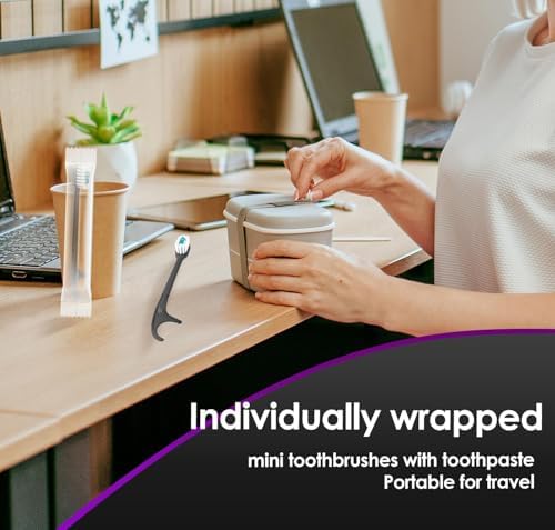 5 in 1 Disposable Toothbrushes with Toothpaste, Pre-Pasted Mint Toothpaste, 2 Mouthwash Beads, Floss, Pick, Tongue Scraper | Individually Wrapped Mini Toothbrush for On-The-Go Oral Care(24 Count)