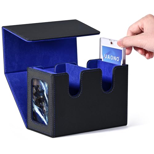 UAONO Card Deck Box with MTG Commander Display, Patented Design Card Deck Case Holds 100+ Double-Sleeved Cards, PU Leather Cards Storage Box For TCG with 2 Dividers, 1 Toploader (Black&Purple)