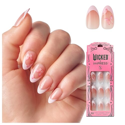 WICKED X imPRESS Press On Nails, ‘Perfectly Pink’, Pink, Medium Almond, New Improved Adhesive, Up To 10 Day Hold, Includes 30 Fake Nails, 1 Prep Pad, 1 Manicure Stick, 1 Mini File