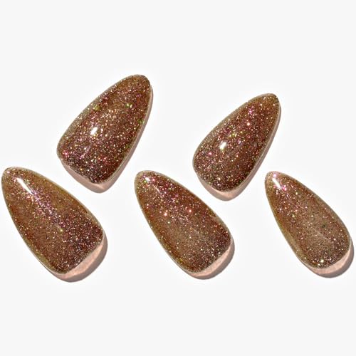 GLAMERMAID Gloden Brown Press on Nails Medium Almond, Glitter Handmade Glossy Jelly Soft Gel Glue on Nails Stiletto, Shrimmer Fake Nails Short Oval, Reusable Acrylic Stick on False Nails Kit for Women