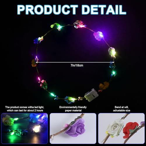 30 Pcs LED Flower Crown Headband,led Headbands,Light Up Flower Headbands for Women,Garlands Glowing Floral Wreath Crowns for Weddings,Halloween,Birthdays,Role-Playing,Beach Parties，Christmas