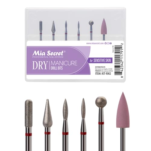 6 pcs Dry Manicure Drill Bits Set, Mia Secret DIY home and Salon nail bits for Sensitive Skin MADE IN USA