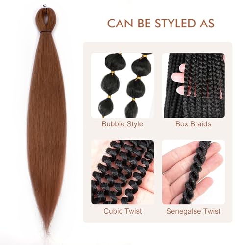 Pre-stretched Braiding Hair - 24 Inch 8 Packs Brown Braiding Hair For Twist or Box Braids, Long Yaki Texture Hot Water Setting Synthetic Braiding Hair Extensions (24 Inch, #30-8P)