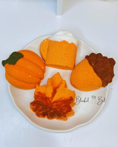 4 pcs Fall Bath Bomb Gift Box, 5oz Pumpkin Bath Bomb, 5oz Mapple Leaf Bath Bomb, 5oz Acorn Bath Bomb, 50z Pumpkin Spice Latte Bath Bomb,