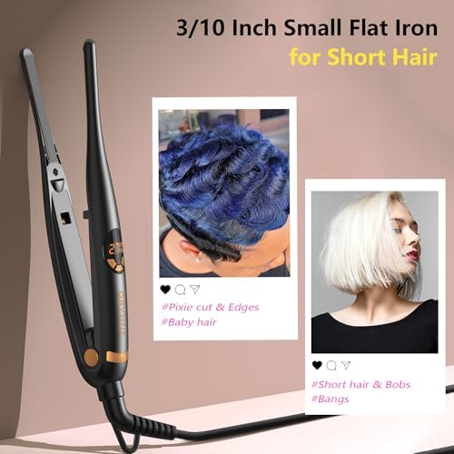 3/10'' Small Flat Irons for Short Hair Pixie Cut, 5s Ultra Fast Heat Up Tiny Pencil Flat Iron, Ionic Mini Edge Flat Iron, Skinny Thin Straightener Champagne Gold