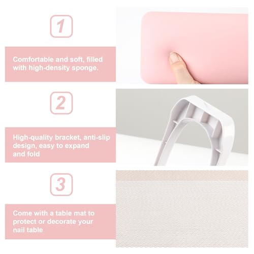 ANGNYA Nail Arm Rest for Nails Tech, Foldable Hand Stand for Nail Tech with PVC Table Mat Microfiber Leather Nail Arm Rest with Bracket Manicure Arm Rest for Nail Salon Technician (Pink)