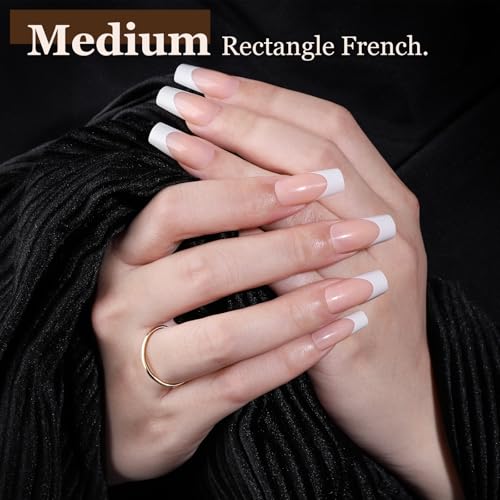 Teenitor Almond French Tip Black Press On Nails - Short, Medium Coffin Shapes - Glue On Nails Kit