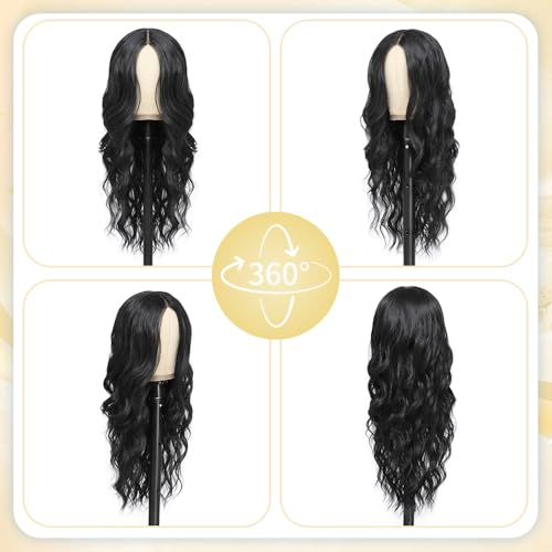 Black Wig for Women 26 Inch Pre Cut Hand-Tied Lace Long Wavy Natural Hairline Middle Part Hair Replacement Wigs for Women Beginners Natural Synthetic Wig for Daily Party 3 Seconds to Wear