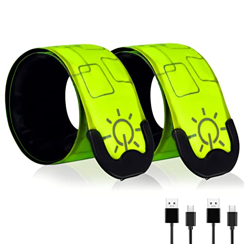 TRAYIU LED Safety Wristband Lights - 2 Pack Rechargeable Light Up Arm Ankle Band Kids Magic Slap Glow Bracelets Reflective Belt High Visibility for Night Cycling Walking Joggers Running Gear