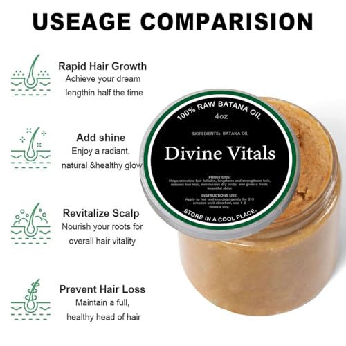 Batana Oil for Hair Growth, Divine Vitals 100% Organic Batana Hair Growth Oil, 100% Raw from Honduras, Prevent Hair Loss, Adds Thickness, Texture, Shine (1PCS)