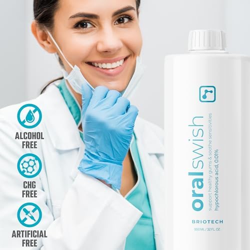 BRIOTECH Oral Swish, Hypochlorous Acid Mouthwash Rinse, Gentle Oral Care Hygiene, Fight Bad Breath, Support Against Plaque, Gum Irritation & Tender Gums, Alcohol & Fluoride Free, 32 fl oz