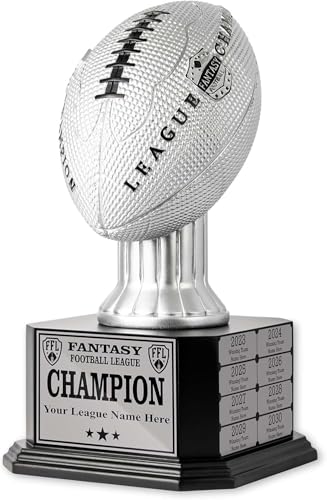TrophySmack Perpetual Fantasy Football Trophy - Customizable Championship Trophy Award Winner | Free Engraving up to 16 Years Past Winners, 15 Inch Tall (Silver)