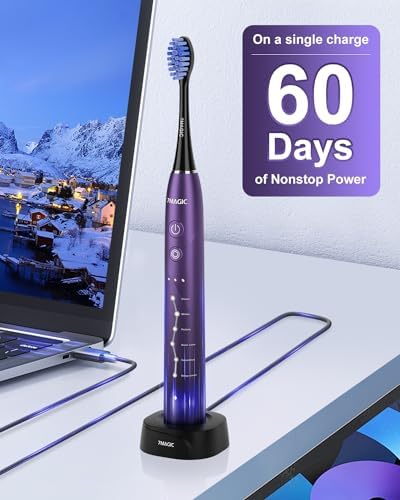 Electric Toothbrush for Adults, Sonic Toothbrush with 6 Mode & 3 Intensity, 40000 VPM Deep Clean Toothbrush with 6 Brush Heads & Travel Case, Wireless Charging, 60 Days Battery Life, 2-Min Smart Timer
