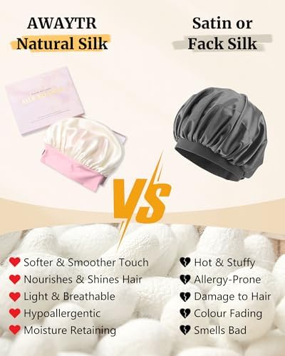 AWAYTR Silk Bonnet for Long Hair - 100% Mulberry Silk Bonnet for Sleeping Women or Kids with Adjustable Elastic Band