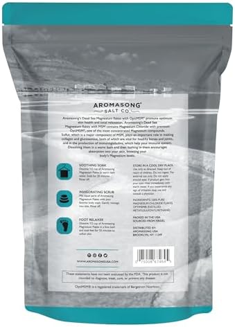 Aromasong RAW Magnesium Flakes + OptiMSM for Soaking 3 LB Resealable Pack - Muscle Relaxing Organic Bath Salts Magnesium Chloride Flakes, Mineral Soak.