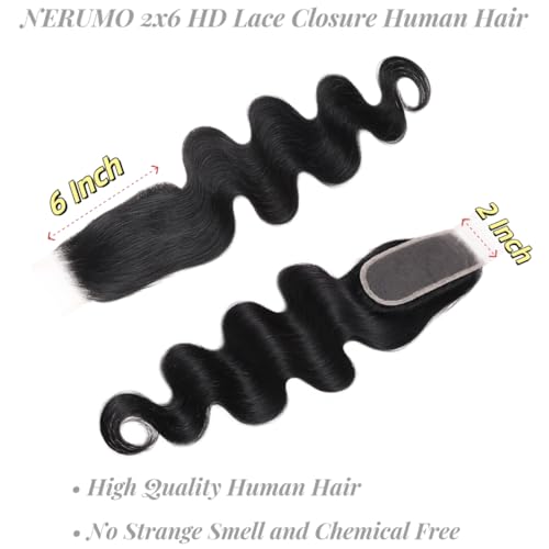 2x6 HD Lace Closure Body Wave Human Hair Transparent 2 by 6 HD Lace Closure 14Inch 100% Brazilian Virgin Unprocessed Middle Part Human Hair Kim K Closure With Baby Hair Natural Color