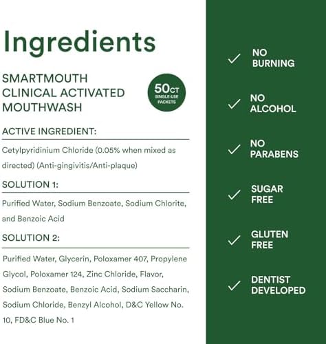 SmartMouth Clinical DDS Activated Mouthwash, Bad Breath and Bleeding Gums Support, 16 fl oz (50 Count)