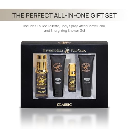 Beverly Hills Polo Club BHPC 4 Piece Economy Gift Set, with Eau De Toilette, Body Spray, After Shave & Shower Gel (Classic)