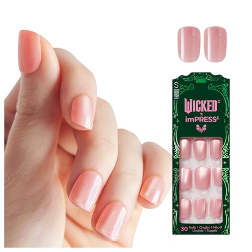 WICKED X imPRESS Press On Nails, New Improved Adhesive, Up To 10 Day Hold, ‘Glinda-fied’, Pink, Short Squoval, Includes 30 Fake Nails, 1 Prep Pad, 1 Manicure Stick, 1 Mini File