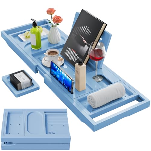 Yirilan Premium Bathtub Tray Caddy - Expandable Bath Tray - Unique House Warming Gifts, New Home, Anniversary & Wedding Gifts for Couple, Bridal Shower Gift for Women-Blue