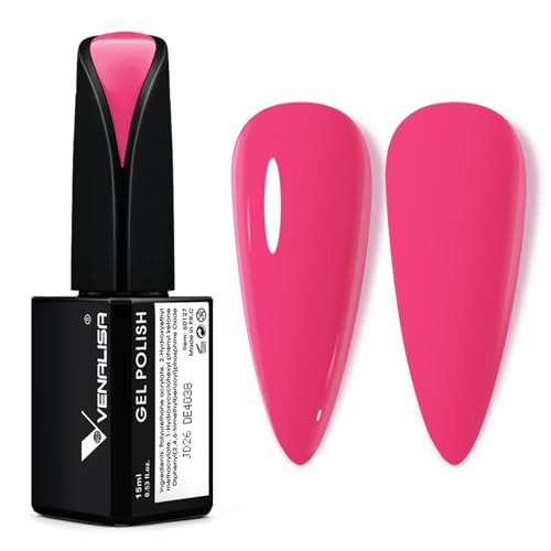 VENALISA 15ml Hot Pink Gel Nail Polish, Bright Neon Pink Gel Polish Color Soak Off UV LED Nail Art Starter Manicure Salon DIY at Home, 0.53 OZ