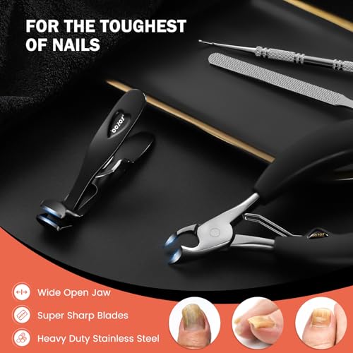 BEZOX Toenail Clipper Kit 4PCS Nail Care Set for Ingrown Toenails – Curved Head Toe Nail Clippers for Seniors for Thick Nails, Thick Fingernail Clippers, Long Nail File & Dual-Ended Lifter - Black