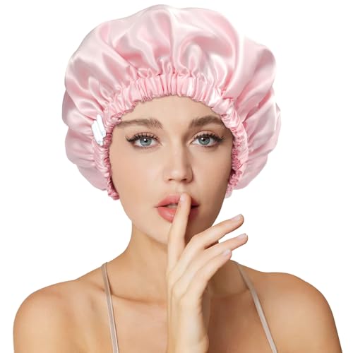 22 Momme 100% Mulberry Double Silk bonnet for sleeping women Double Layer lined Stay On Head for Hair Care with adjustable elastic Band Non-Slip Silk Turban Curly Hair silk hair cap Pink