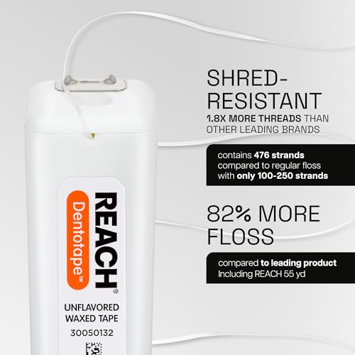 REACH Dentotape Waxed Dental Floss Tape, Unflavored, Extra Wide Floss, Shred & Frey Resistant, Plaque Remover for Teeth, Easy on Gums & Teeth, Oral Care, PFAS Free, for Adults & Kids, 6 Pack, 100 yd