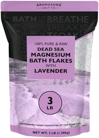 Aromasong RAW Magnesium Bath Flakes with 100% Natural Lavender, 3 LB Muscle Relaxing Organic Salts Mg Chloride, Mineral Soak. (Packaging May Vary)