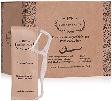 Bleeker and Rowe Biodegradable Individually Wrapped Floss Picks - Eco Friendly Flossers 150 Pack (PTFE Floss)…
