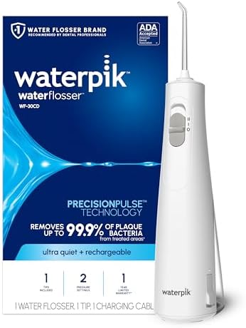 Waterpik Cordless 1100 Rechargeable Portable Water Flosser for Teeth Cleaning and Flossing, Travel, Braces Care, Healthier Gums, Waterproof for Shower, ADA Accepted, WF-30CD White, Packaging May Vary