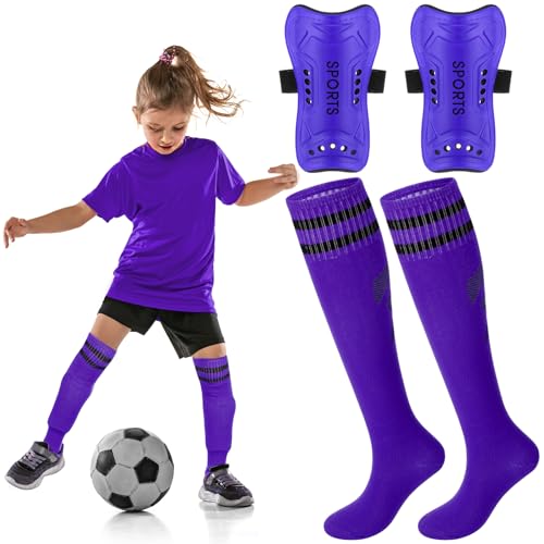 Syhood Soccer Shin Guards and Socks for Toddler Kids Youth, Lightweight Soccer Shin Pads Protective Soccer Gear for 3-5, 5-10, 10-15 Years Old Children Teen Boys Girls Soccer Game (Purple,S Size)