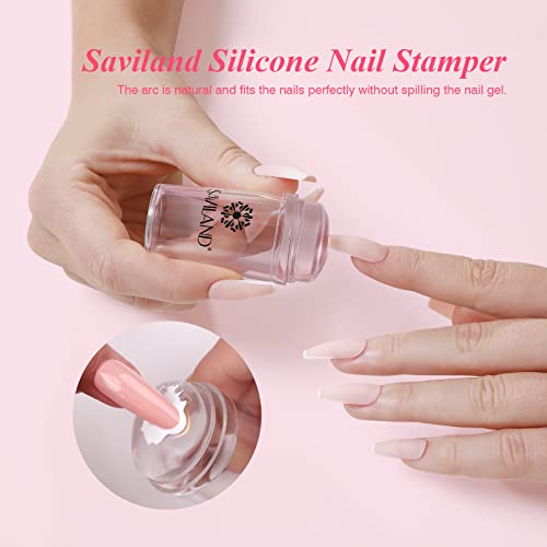 Saviland French Manicure Kit: French Tip Nail Stamp with White Gel Nail Polish Set, Jelly Silicone Nail Stamper Nail Stamper Kit for French Nails Home DIY Nail Salon