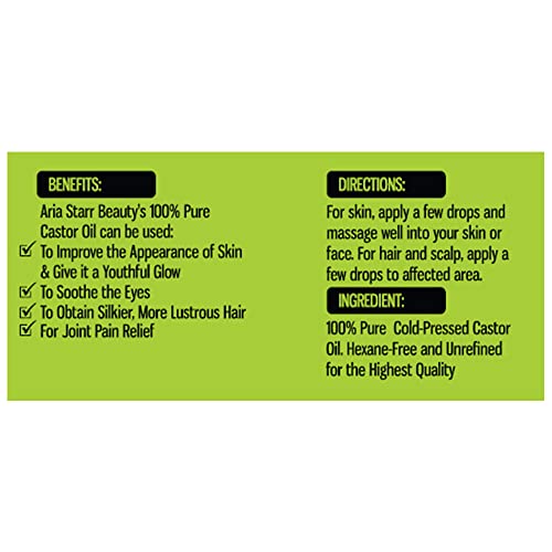 Aria Starr Castor Oil Cold Pressed - 16 FL OZ - 100% Pure Hair Oil For Hair Growth, Face, Skin Moisturizer, Scalp, Thicker Eyebrows And Eyelashes