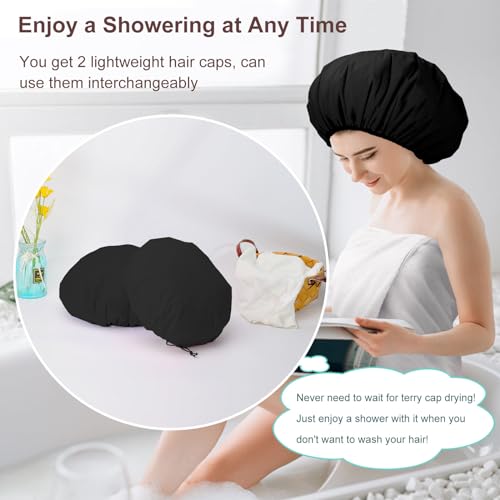 2 Pcs 13.5" Dual Waterproof Adjustable Terry Lined Shower Cap for Women Men, Large Shower Caps Reusable EVA Double Layer Bath Cap for Braids, Long Hair, Dreadlocks, Locs