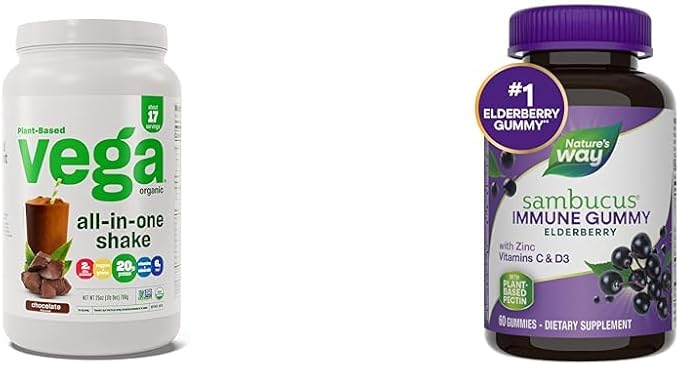 Vega Organic All-in-One Vegan Protein Powder, Chocolate - Superfood Ingredients, Vitamins & Nature's Way Sambucus Elderberry Immune Gummies, Daily Immune Support for Kids and Adults*