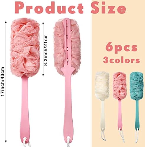 6 Pieces Back Scrubber for Shower, Long Handle Loofah Sponge Brush, Loofah on a Stick for Men Women Elderly, 17 Inch Soft Nylon Mesh Bath Body Brush Exfoliating Bathing Accessories, 3 Colors