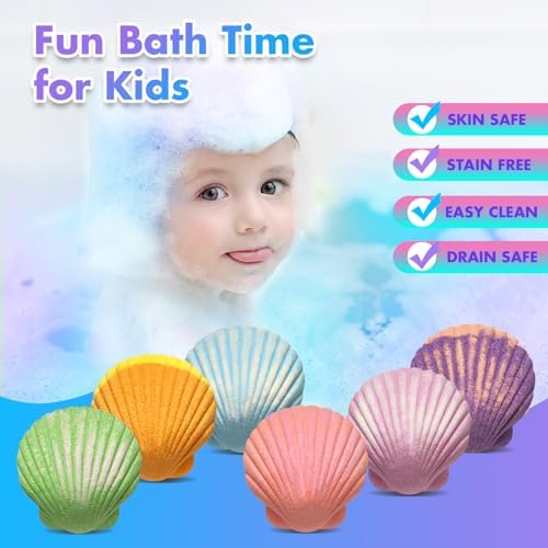 Mermaid Bath Bombs for Girls Kids with Toys Inside, 9 Pcs Natural Handmade Shell Bubble Bath Bomb Kit for Girls with Jewelry Surprise, Pefect for Christmas Easter Birthday Gift Princess Party Favor